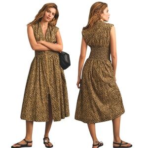 Anthropologie Tommie Cap-Sleeve Smocked Front-Zip Leopard Midi Dress Size XL